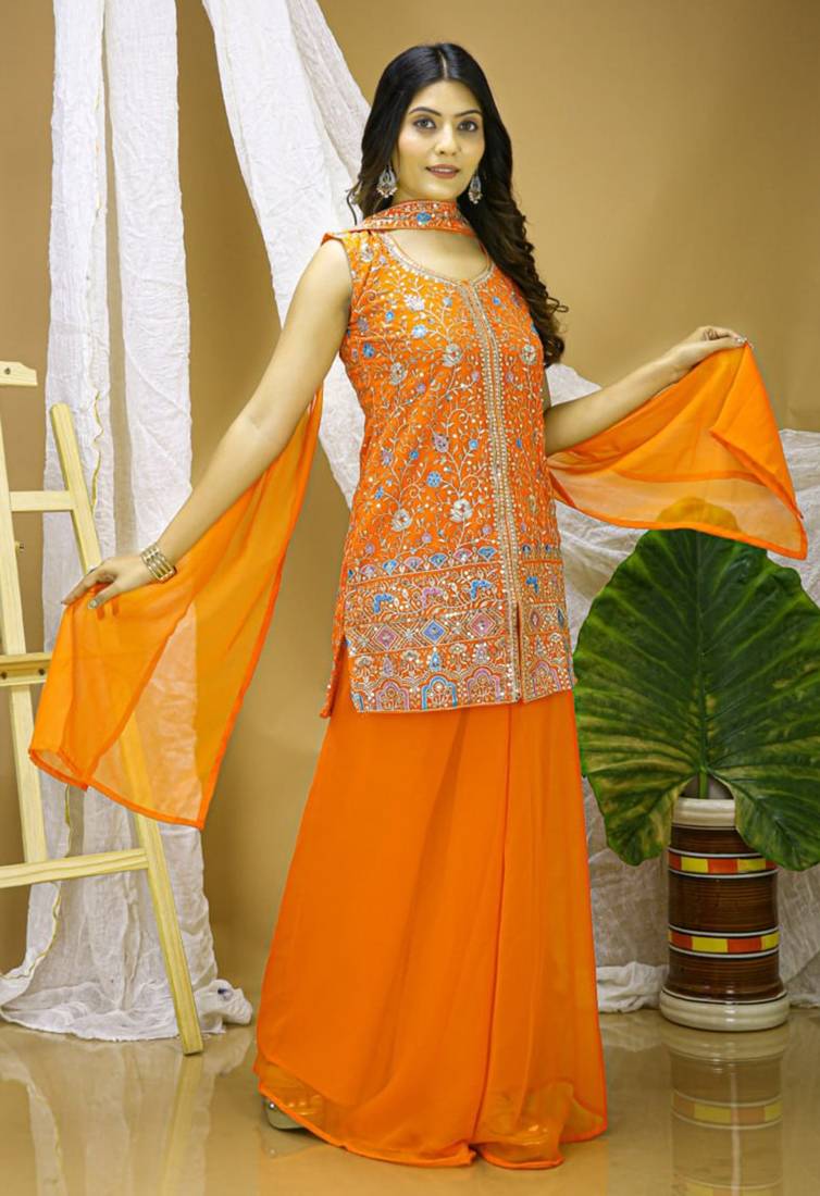 Orange sequins embroidered georgette stitched salwar kameez