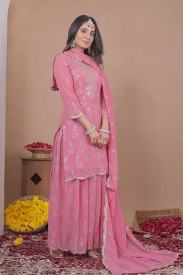 Baby-pink sequins embroidered faux georgette stitched salwar kameez 3