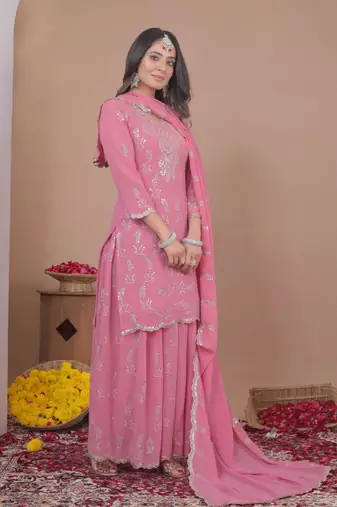 Baby-pink sequins embroidered faux georgette stitched salwar kameez