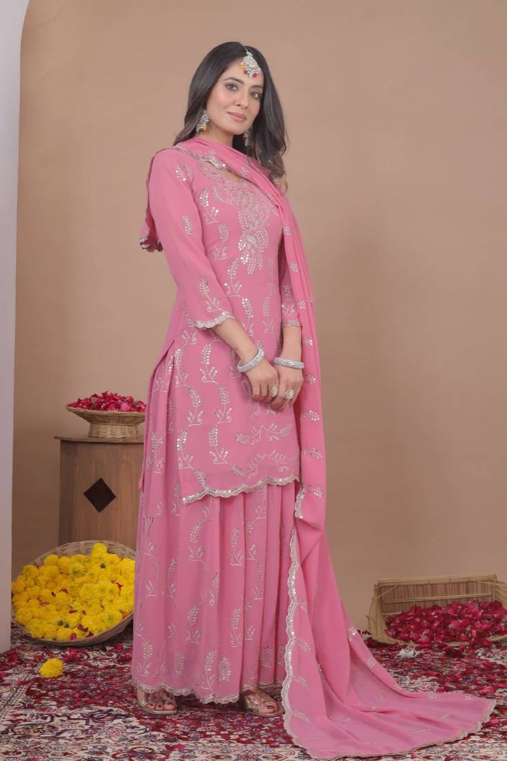 Baby-pink sequins embroidered faux georgette stitched salwar kameez