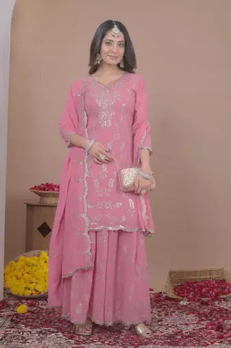 Baby-pink sequins embroidered faux georgette stitched salwar kameez