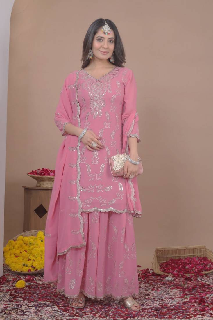 Baby-pink sequins embroidered faux georgette stitched salwar kameez