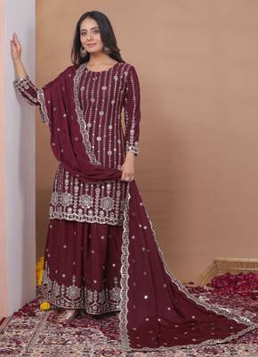 Teal sequins embroidered natural crepe stitched salwar kameez 1