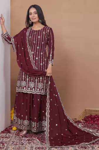 Teal sequins embroidered natural crepe stitched salwar kameez