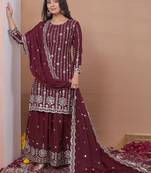Teal sequins embroidered natural crepe stitched salwar kameez