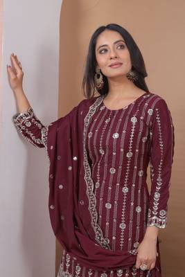 Teal sequins embroidered natural crepe stitched salwar kameez 2