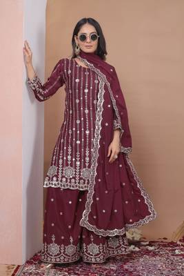 Teal sequins embroidered natural crepe stitched salwar kameez 3