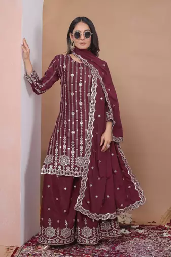 Teal sequins embroidered natural crepe stitched salwar kameez