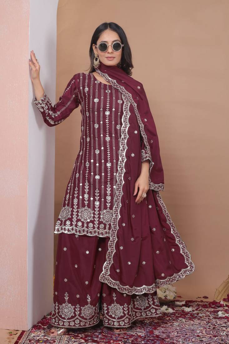 Teal sequins embroidered natural crepe stitched salwar kameez