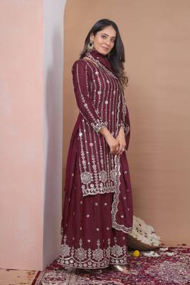 Teal sequins embroidered natural crepe stitched salwar kameez 4