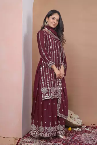 Teal sequins embroidered natural crepe stitched salwar kameez