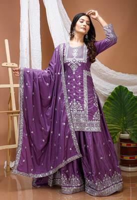 Purple sequins embroidered natural crepe stitched salwar kameez 1