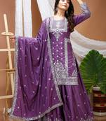 Purple sequins embroidered natural crepe stitched salwar kameez