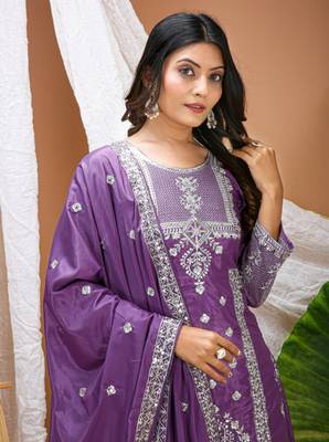 Purple sequins embroidered natural crepe stitched salwar kameez 2