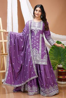 Purple sequins embroidered natural crepe stitched salwar kameez 3