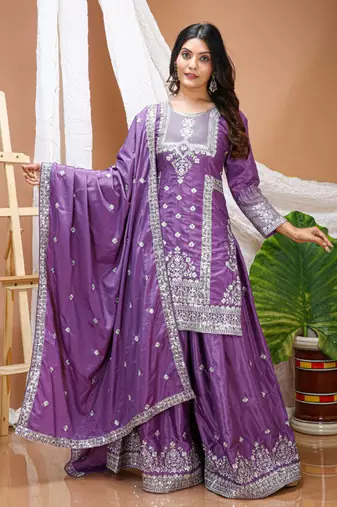Purple sequins embroidered natural crepe stitched salwar kameez