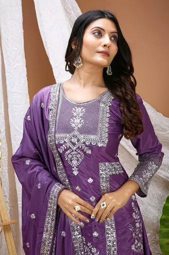 Purple sequins embroidered natural crepe stitched salwar kameez