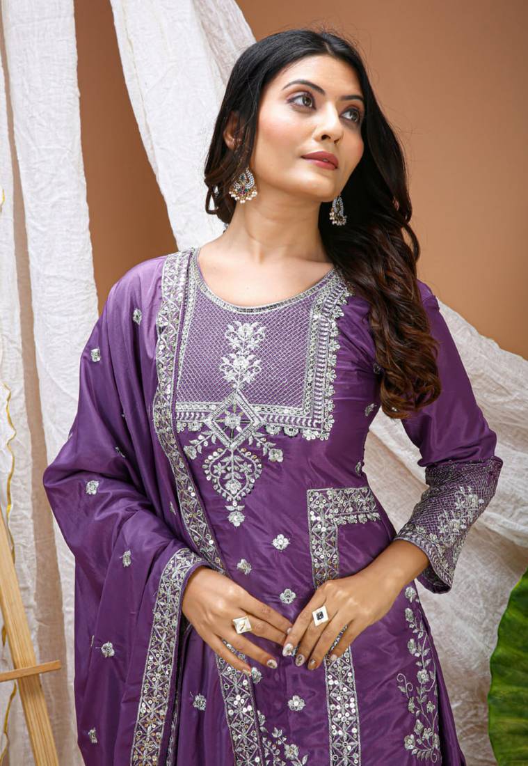 Purple sequins embroidered natural crepe stitched salwar kameez