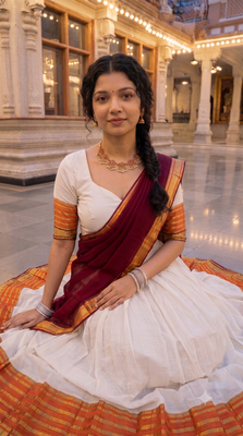 Traditional South Indian Off-White Pleated Lehenga Choli Set with Maroon Dupatta and Zari Border 3
