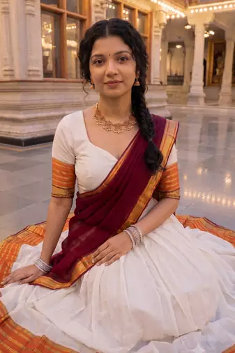Traditional South Indian Off-White Pleated Lehenga Choli Set with Maroon Dupatta and Zari Border