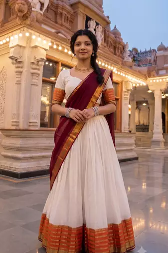 Traditional South Indian Off-White Pleated Lehenga Choli Set with Maroon Dupatta and Zari Border