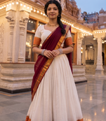 Traditional South Indian Off-White Pleated Lehenga Choli Set with Maroon Dupatta and Zari Border