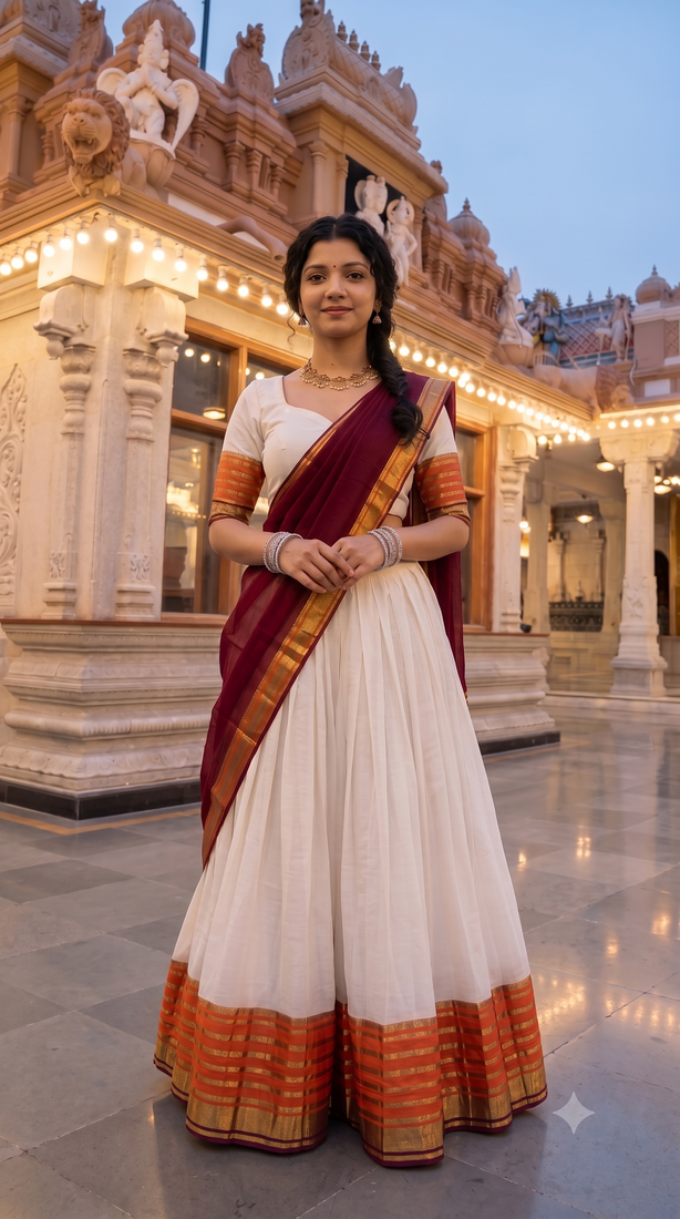 Traditional South Indian Off-White Pleated Lehenga Choli Set with Maroon Dupatta and Zari Border