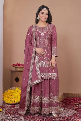 Pink sequins embroidered natural crepe stitched salwar kameez 1