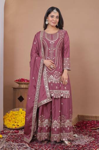 Pink sequins embroidered natural crepe stitched salwar kameez