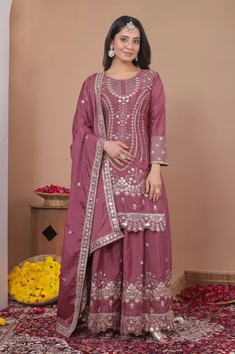Pink sequins embroidered natural crepe stitched salwar kameez