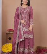 Pink sequins embroidered natural crepe stitched salwar kameez