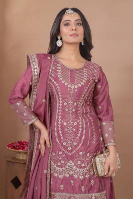 Pink sequins embroidered natural crepe stitched salwar kameez 2