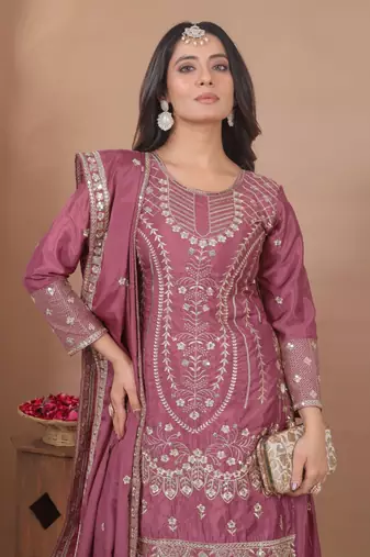 Pink sequins embroidered natural crepe stitched salwar kameez