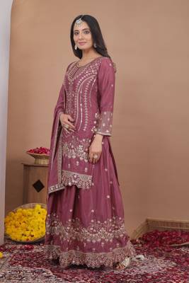 Pink sequins embroidered natural crepe stitched salwar kameez 3