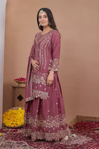 Pink sequins embroidered natural crepe stitched salwar kameez