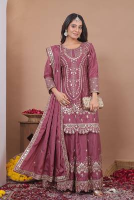 Pink sequins embroidered natural crepe stitched salwar kameez 4