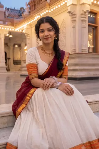 Traditional South Indian Off-White Pleated Lehenga Choli Set with Maroon Dupatta and Zari Border