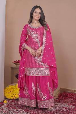 Pink sequins embroidered natural crepe stitched salwar kameez 1
