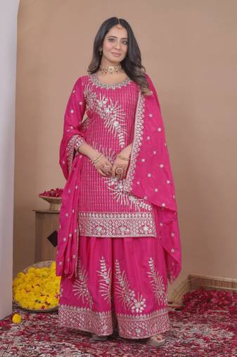 Pink sequins embroidered natural crepe stitched salwar kameez