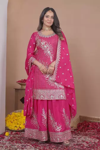 Pink sequins embroidered natural crepe stitched salwar kameez
