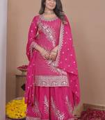 Pink sequins embroidered natural crepe stitched salwar kameez