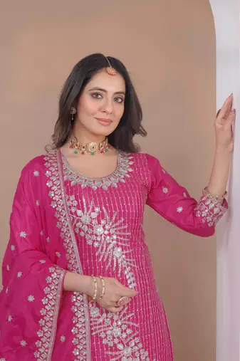 Pink sequins embroidered natural crepe stitched salwar kameez
