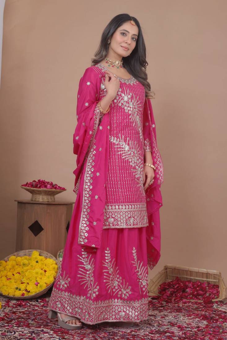 Pink sequins embroidered natural crepe stitched salwar kameez
