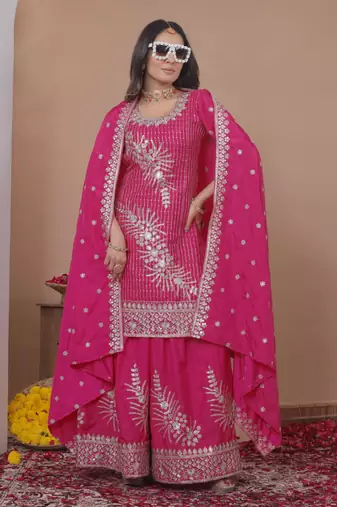 Pink sequins embroidered natural crepe stitched salwar kameez