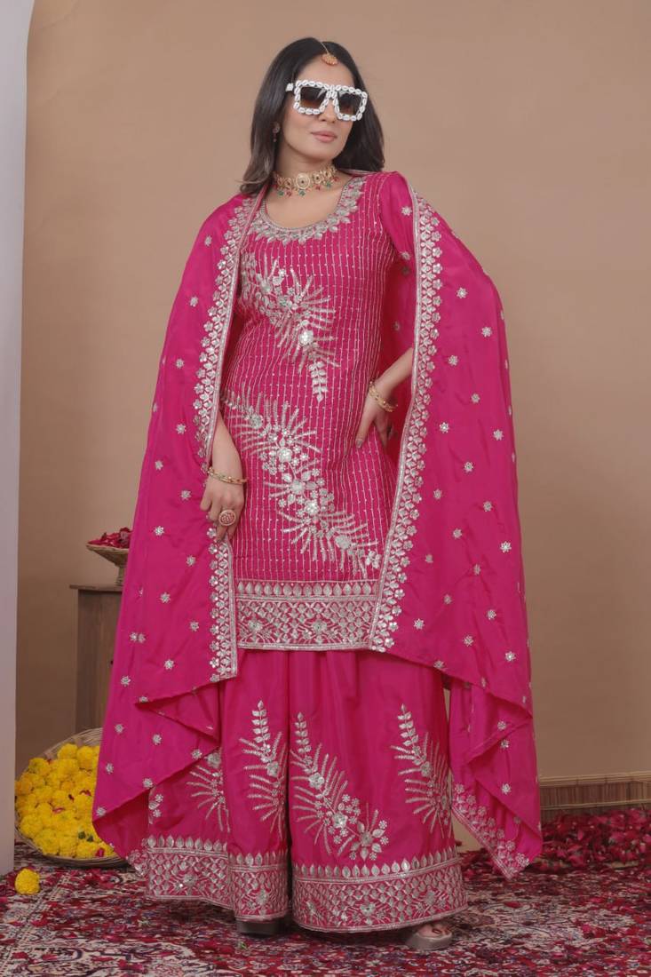 Pink sequins embroidered natural crepe stitched salwar kameez