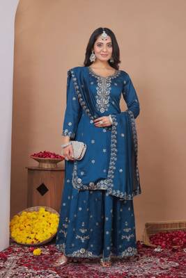 Teal sequins embroidered vichitra silk stitched salwar kameez 1