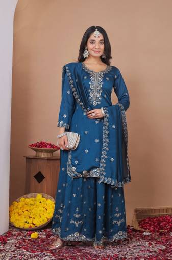 Teal sequins embroidered vichitra silk stitched salwar kameez