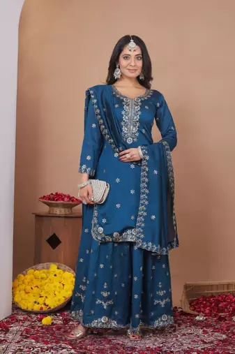 Teal sequins embroidered vichitra silk stitched salwar kameez