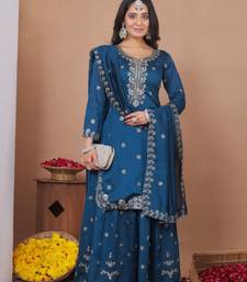 Teal sequins embroidered vichitra silk stitched salwar kameez