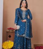 Teal sequins embroidered vichitra silk stitched salwar kameez
